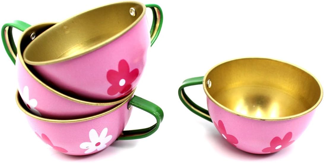 PowerTRC Flower Springtime Children’s Kid’s Full Metal Durable Pretend Play Toy Tea Set w Cups, Tea Pot, Plates, Tray