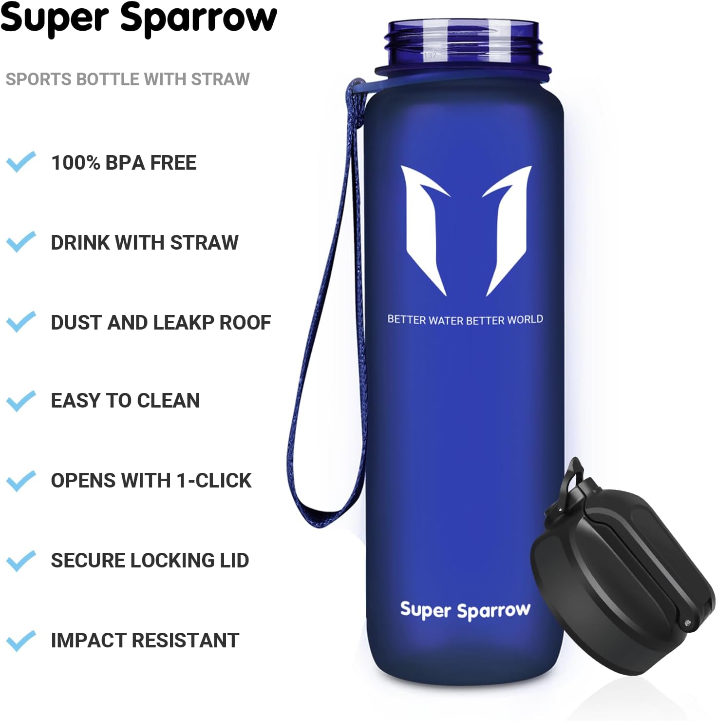 Super Sparrow Sports Water Bottle with Straw – 25 oz32 oz – Non-Toxic BPA Free & Eco-Friendly Tritan Co-Polyester Plastic Water Bottle – Leak Proof