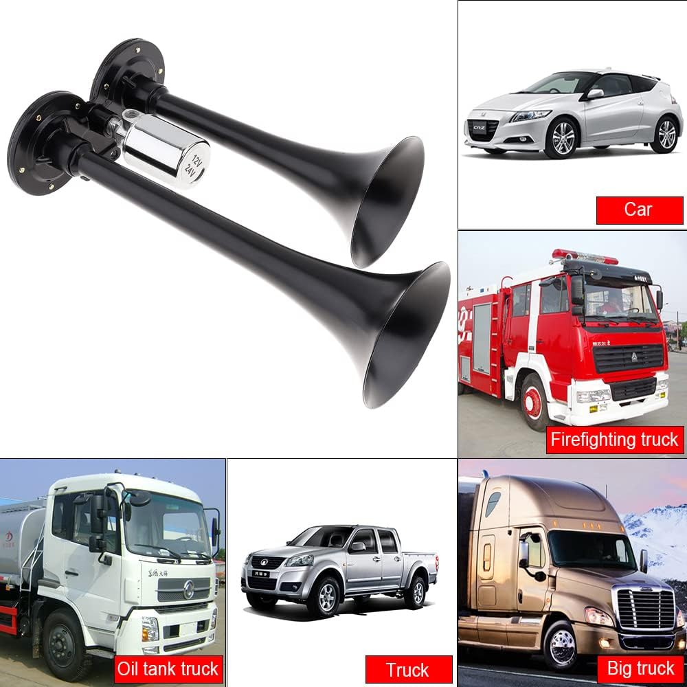 DriSentri 12V24V 178db Super Loud Negro Dual Trompeta Car Air Horn para coches, camiones, barcos