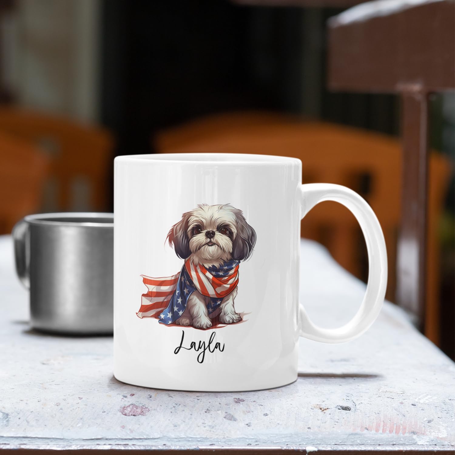 Taza de café blanca personalizada de perro Shih Tzu de 11 onzas, 15 onzas, bandana de bandera estadounidense, tazas para perros Shih Tzu, regalo