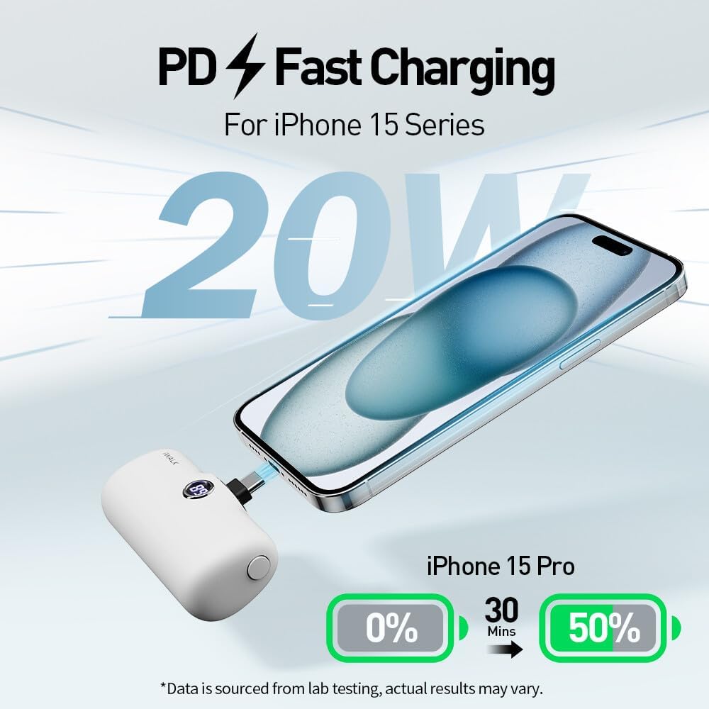 iWALK Cargador portátil de 4800 mAh, 20 W, USB C, batería de carga rápida pequeña con pantalla LED compatible con iPhone 15, 15 Plus, 15 Pro, 15 Pro