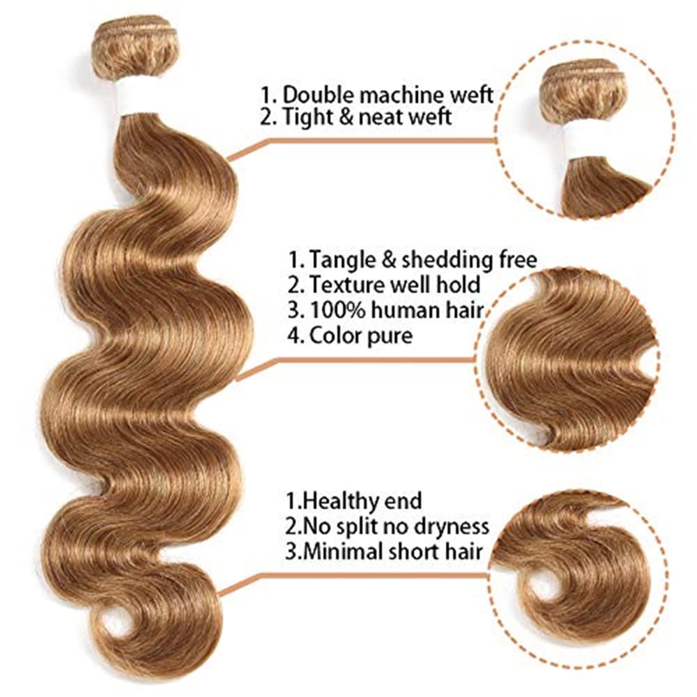 X-TRESS Extensiones de cabello de 18 pulgadas, color #27, 1 rubio miel, 100% cabello humano brasileño 27, ondulado, extensiones de cabello humano