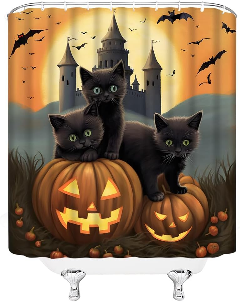 Cortina de ducha espeluznante de Halloween, gato negro, naranja, calabaza, farol, murciélago, luna llena, castillo gótico, vintage, Halloween,
