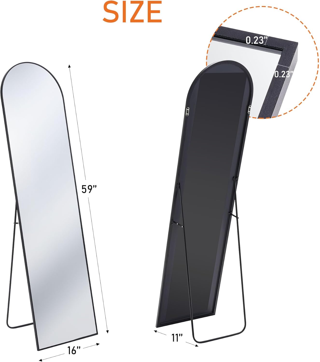 Sweetcrispy Espejo arqueado de longitud completa de 59 x 16 pulgadas, espejo de pie para colgar o inclinarse, espejo de pared de arco con soporte,