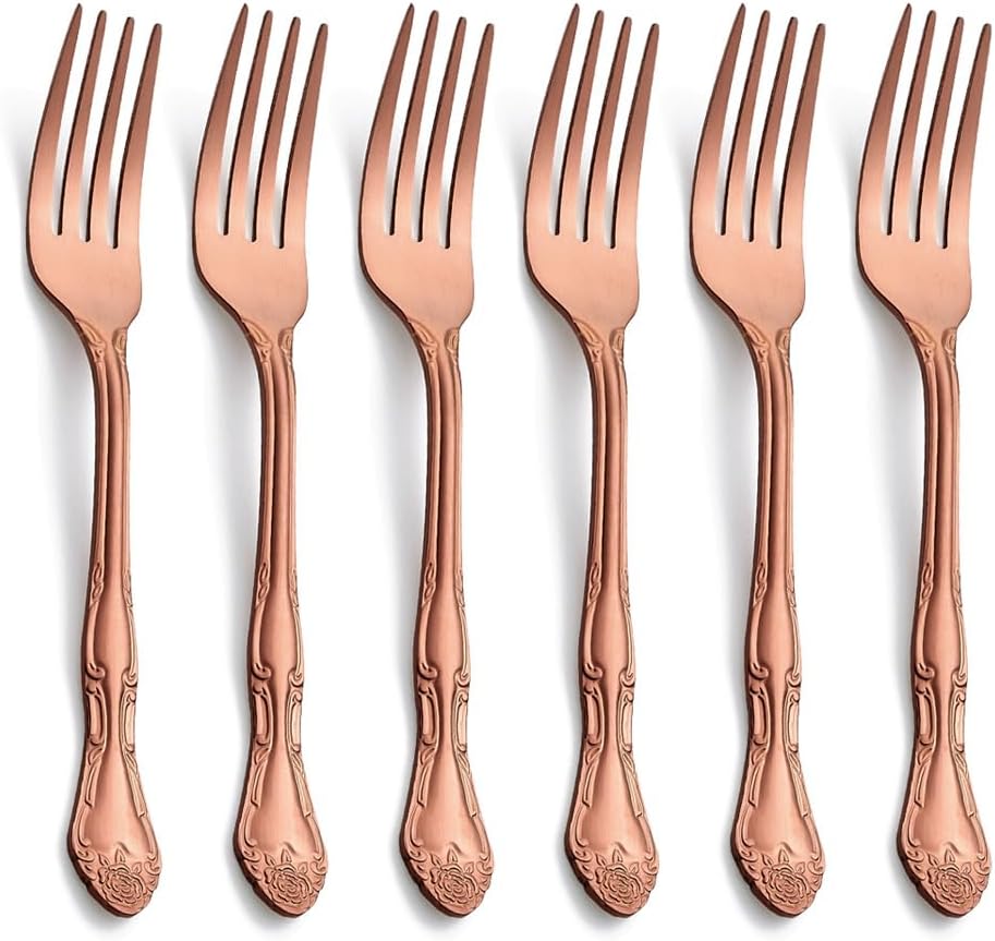 Tenedores de postre de oro rosa mate, tenedores de acero inoxidable con acabado satinado, juego de 6 tenedores para ensalada, diseño de patrón rosa,