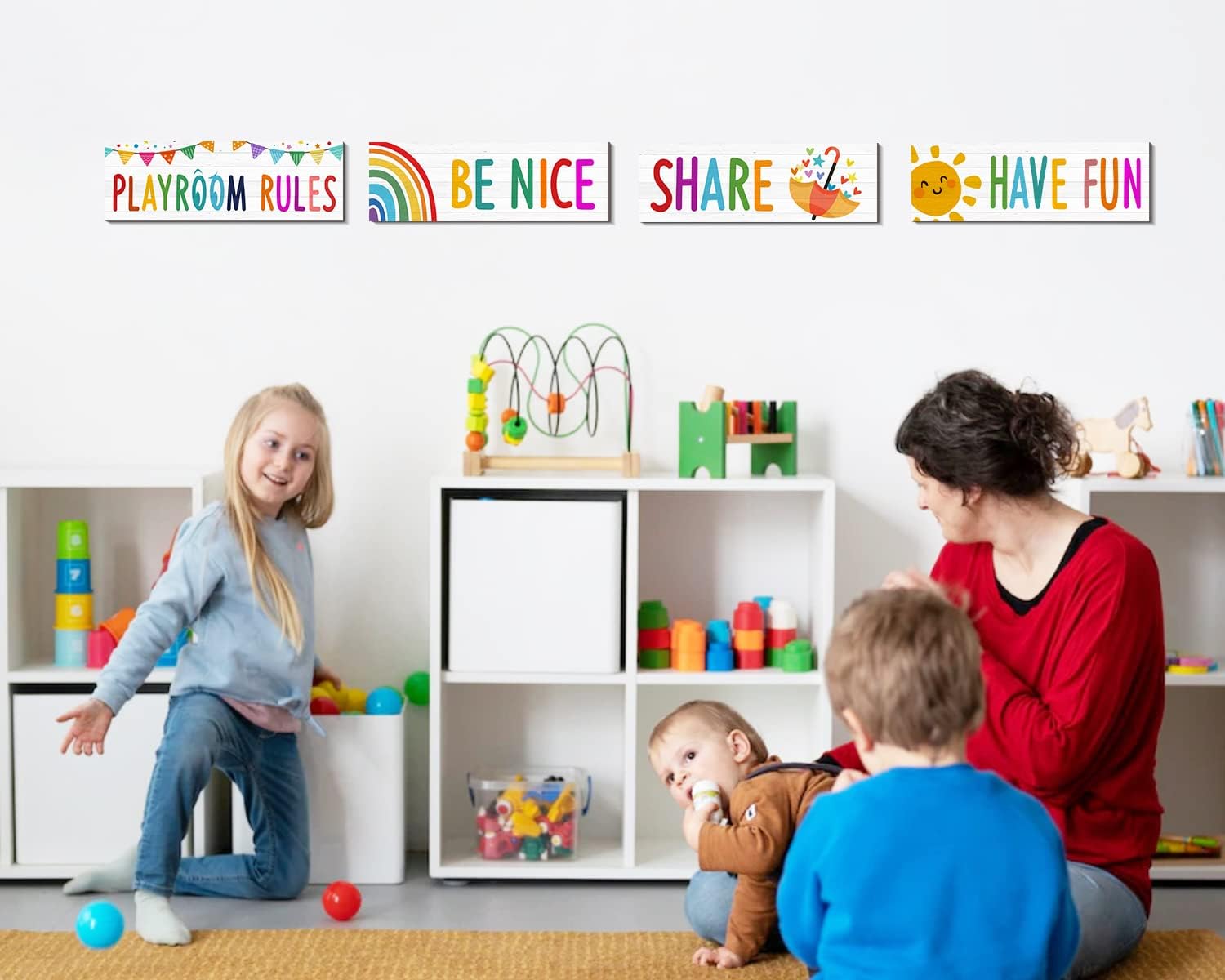 4 letreros para sala de juegos para niños, decoración de pared para sala de juegos, reglas de juegos, citas, letrero con texto en inglés “Be Nice