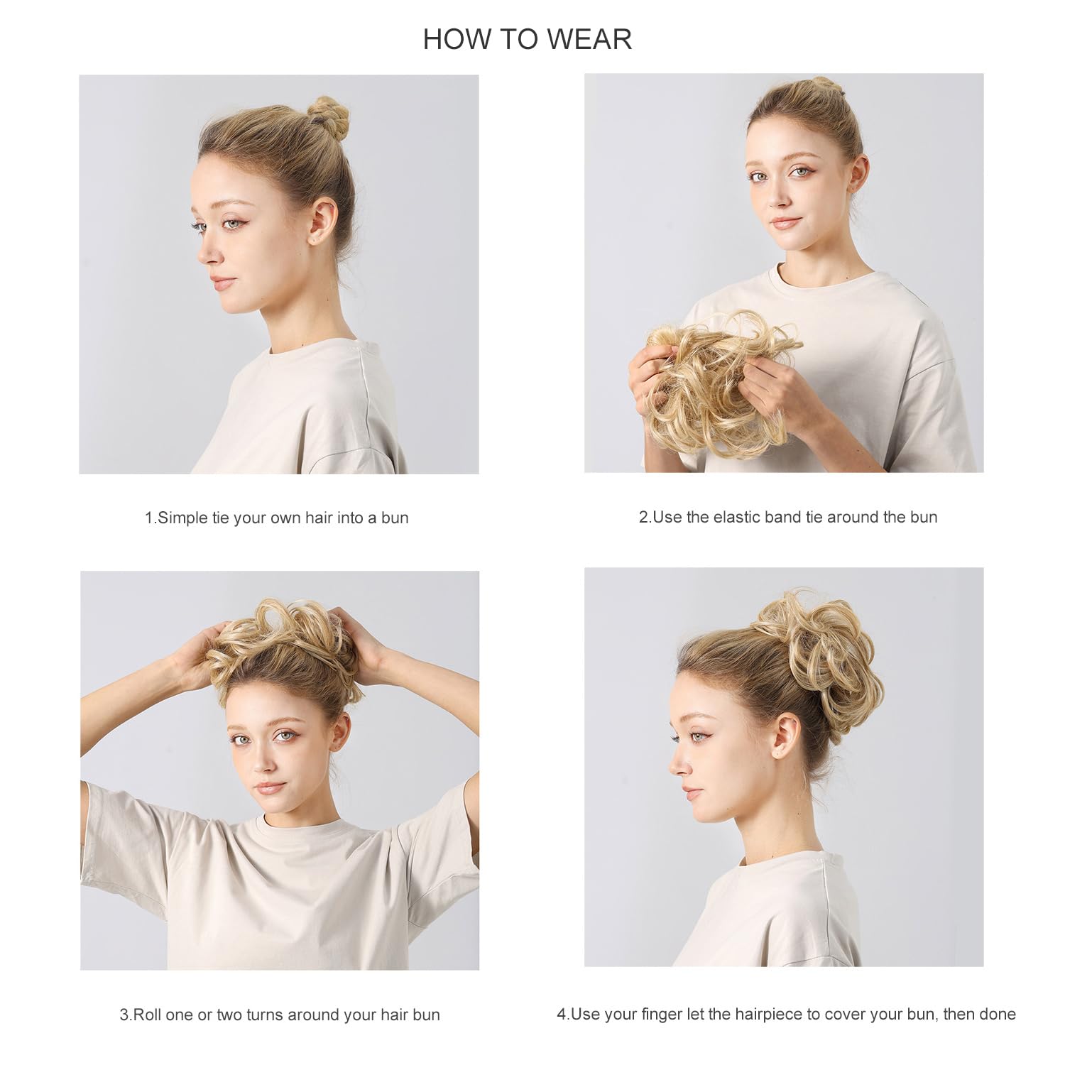 Moño desordenado, moño sintético ondulado para coleta, extensiones de cabello rizado (rubio claro)