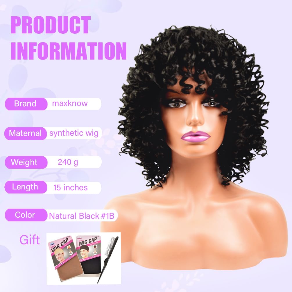 maxknow Pelucas rizadas para mujeres negras, peluca afro rizada esponjosa para mujer, peluca rizada negra suave con flequillo, pelucas sintéticas