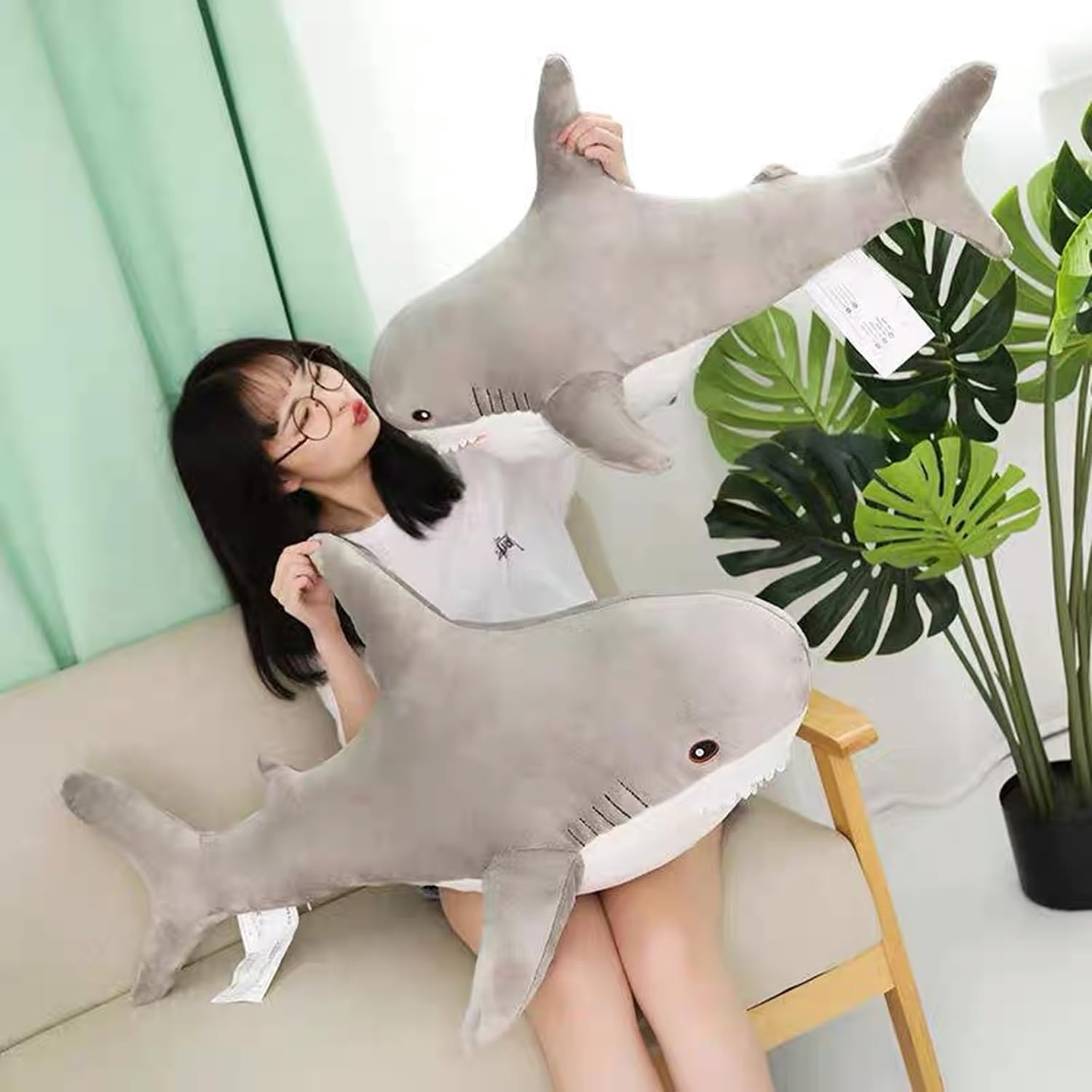 Ryttir 39.4 pulgadas XXL 15% animal de peluche gigante de tiburón ponderado, almohada de tiburón regordete suave de tiburón de peluche de tiburón de