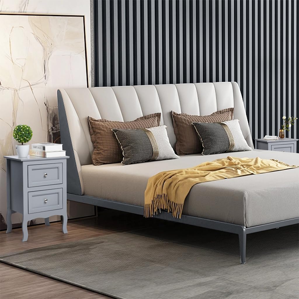 Juego de 2 mesitas de noche con cajones, mesita de noche gris, muebles decorativos de granja, mesas auxiliares de espacio pequeño con patas de