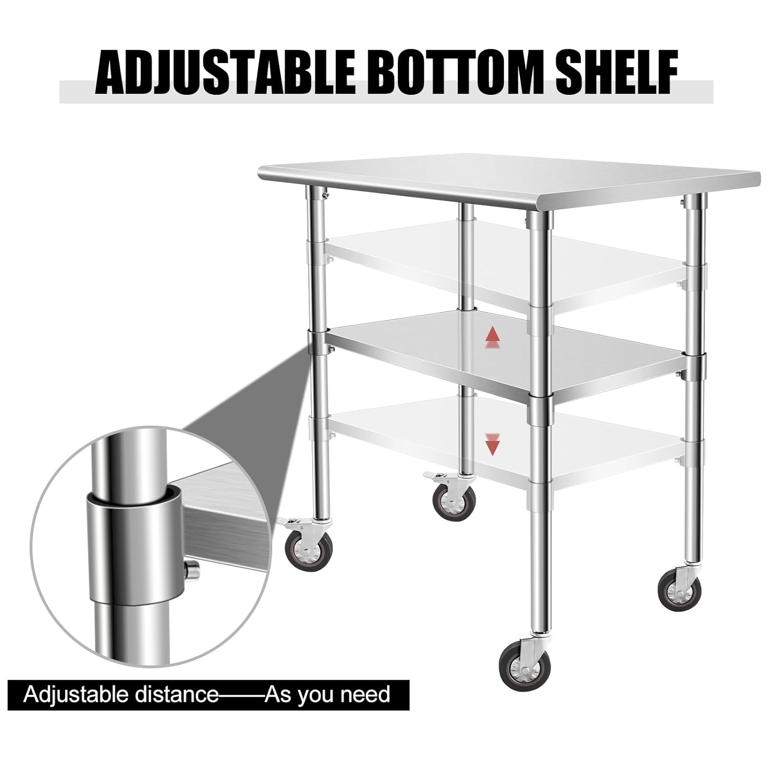 OUKIDR Mesa de trabajo de 36 x 24 pulgadas, mesa de acero inoxidable resistente para preparación con 4 ruedas para cocina comercial, restaurante,