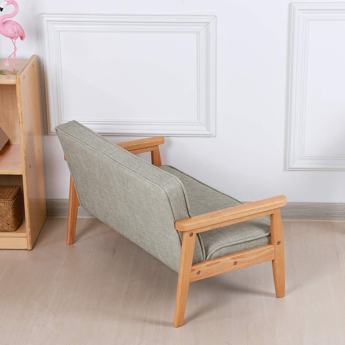 Yoonnie room Sofá de doble plaza para niños, sofá para niños con brazo de madera maciza y patrón de lino de PVC para el descanso de los niños (gris