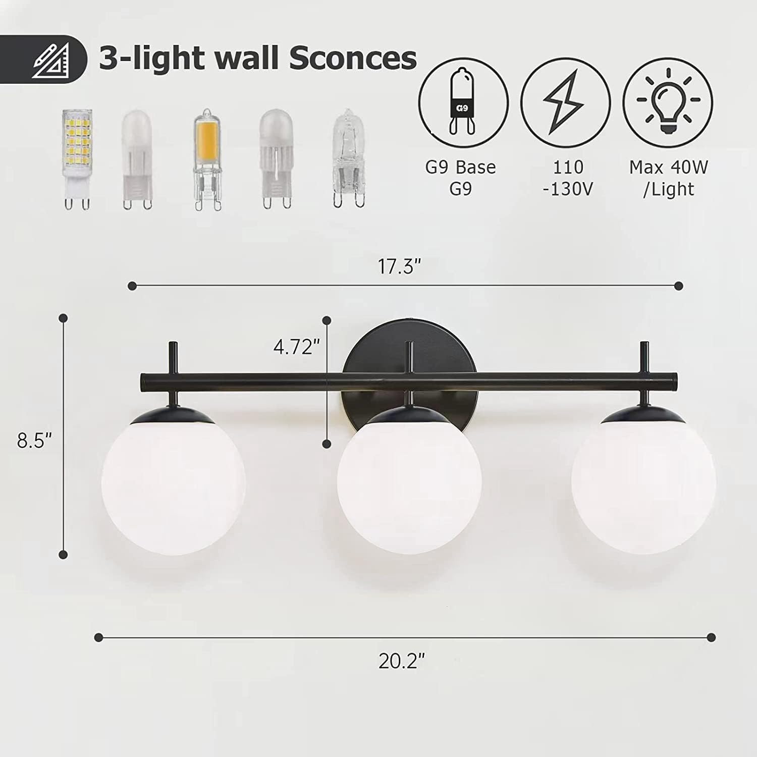 Lámparas negras para tocador de baño, modernas luces de tocador de mediados de siglo con pantalla de vidrio esmerilado blanco lechoso, 3 lámparas de
