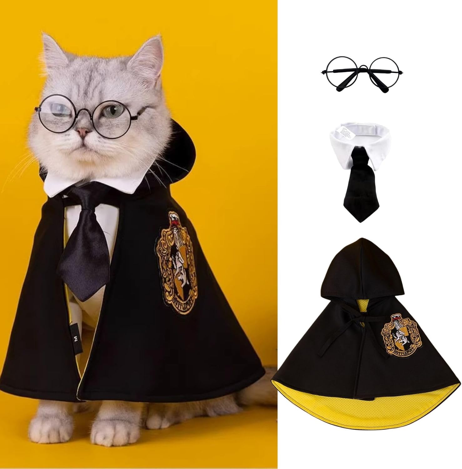 Disfraz de Halloween para gatos, vestido de mago para perro, vestido de cosplay con capa de bruja, corbatín y gafas, ropa de fiesta para mascotas