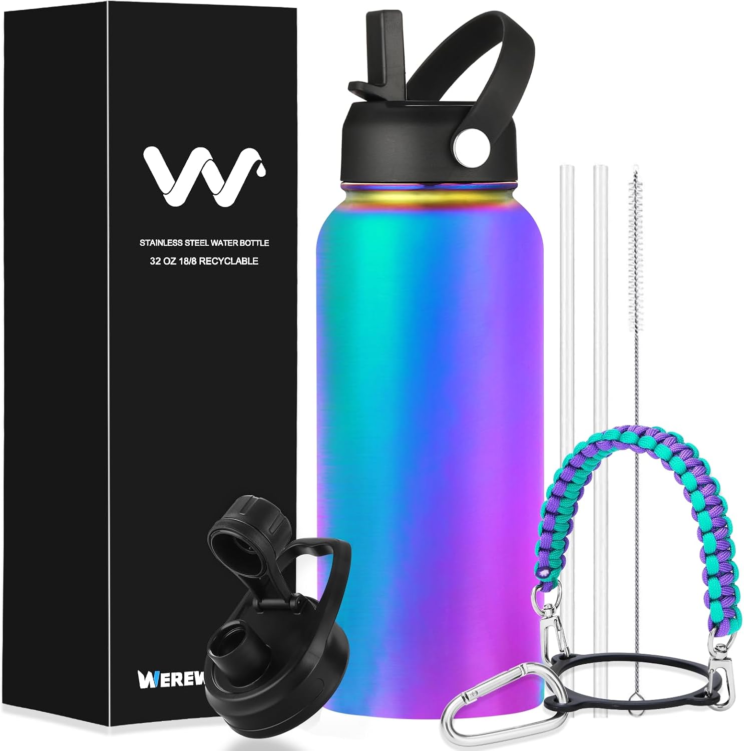 WEREWOLVES Botella de agua aislada personalizada con mango de paracaídas, tapa de popote y tapa de boquilla, botella de agua de boca ancha de acero