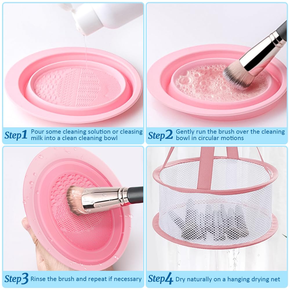 Estera de limpieza de brochas de maquillaje y red de secado colgante, cepillo de maquillaje de silicona plegable Almohadilla de limpieza Tazón de