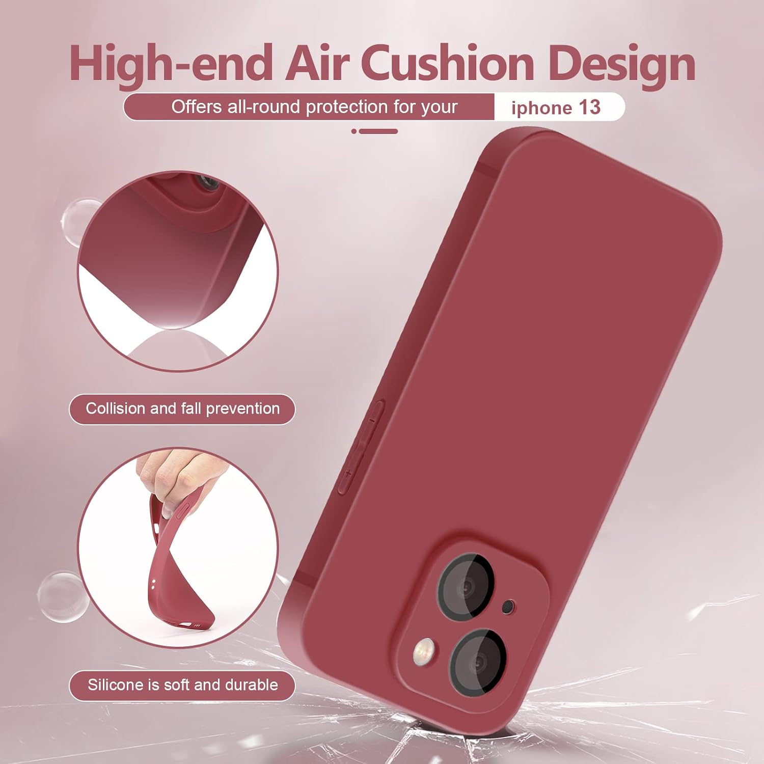 YZR Funda de silicona compatible con iPhone 13 (6.1 pulgadas 2021), con protección de cámara, funda de silicona líquida para teléfono (rojo espino)
