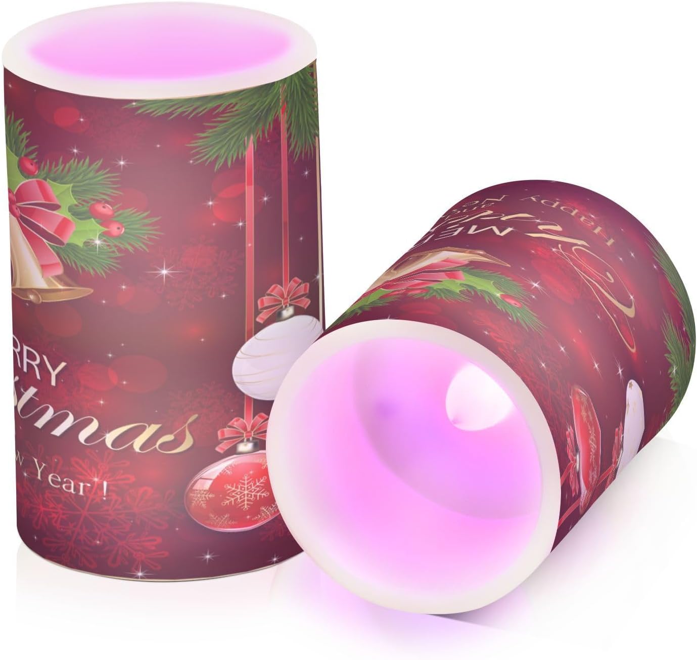 Kcldeci Velas sin llama, copos de nieve de Navidad, bolas de Navidad, velas LED sin llama, velas LED sin llama, velas de pilar sin llama para