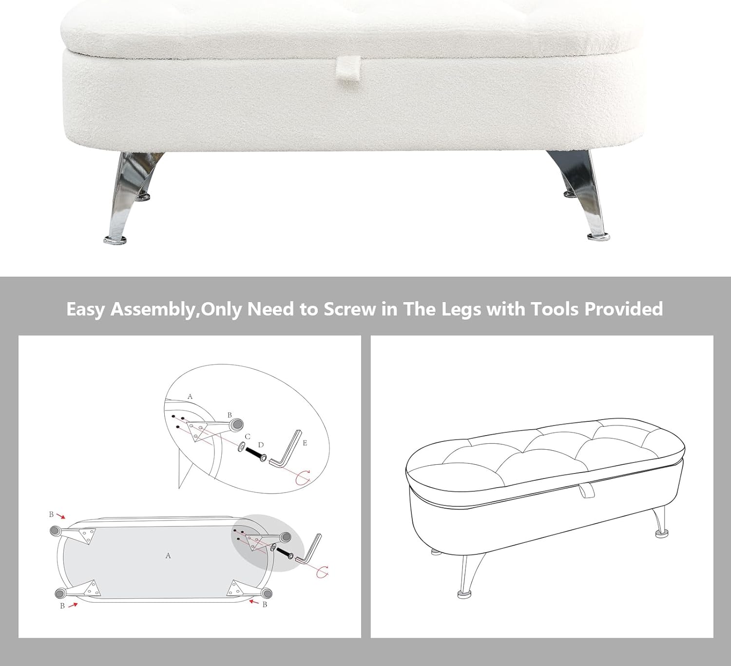 Setawix Banco otomano de almacenamiento Sherpa para dormitorio, extremo de la cama, banco de almacenamiento ovalado de 45.5 pulgadas de largo, banco