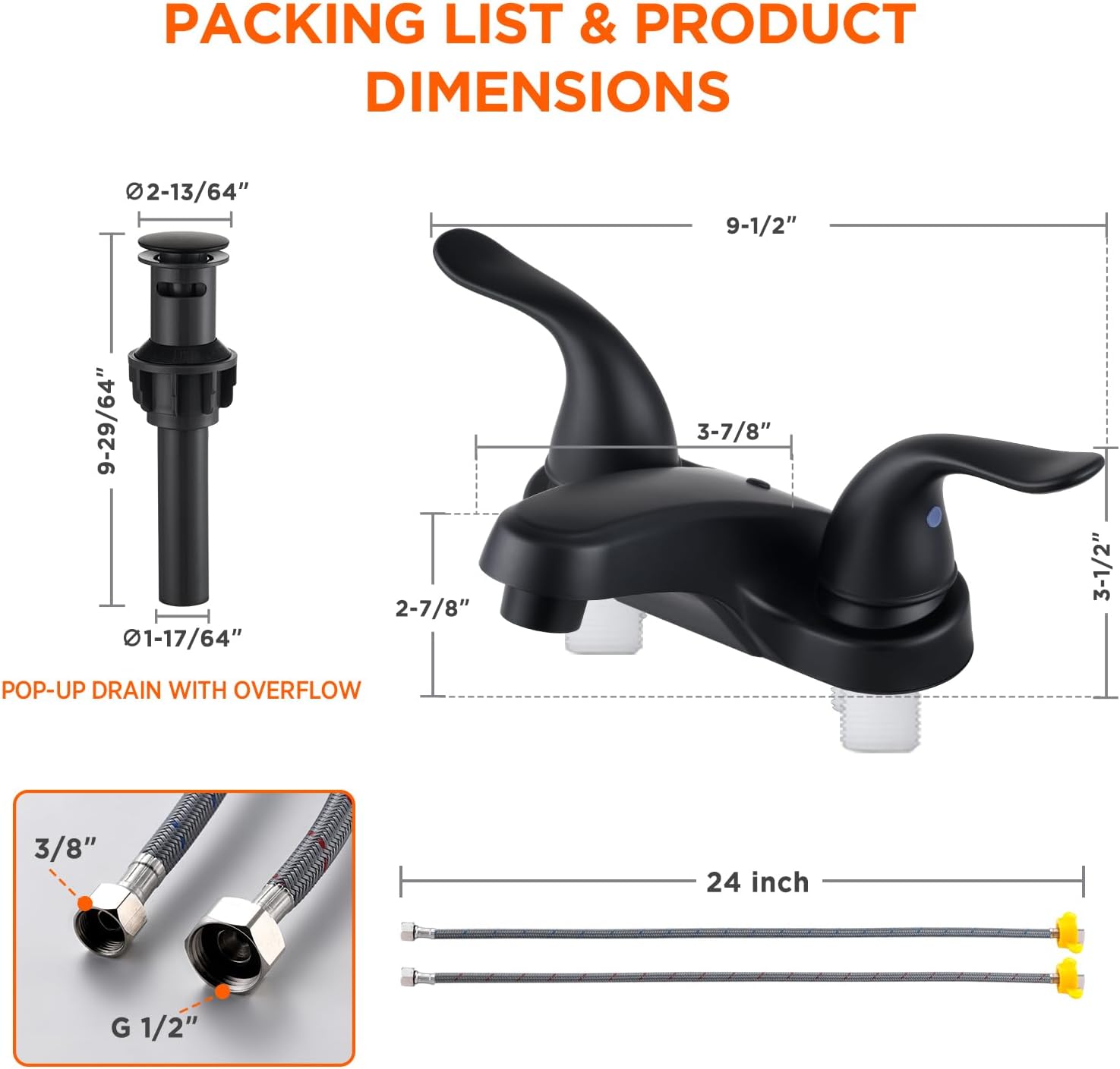 Grifo de lavabo de baño con doble asa, juego central de 4 pulgadas, grifo de fregadero negro para baño con tapón de drenaje emergente, grifos de