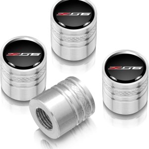 para Chevrolet Corvette C7 Z06 Logo en negro sobre tapas de vástago de válvula de neumático estilo cilindro de aluminio plateado brillante para Chevrolet Corvette C7 Z06 Logo en negro sobre tapas de vástago de válvula de neumático estilo cilindro de aluminio plateado brillante