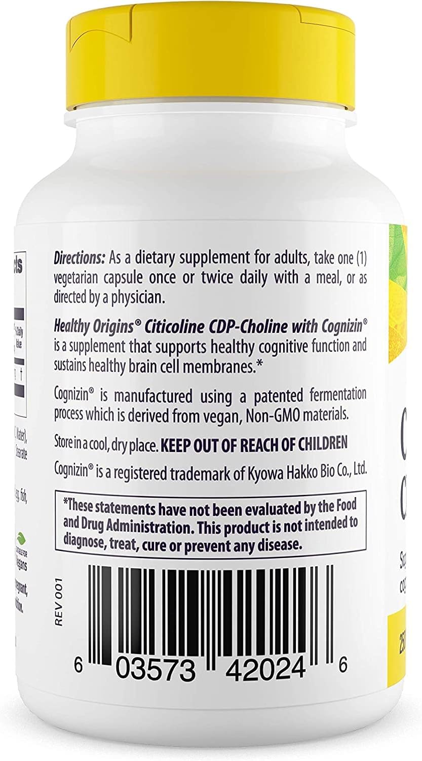 Healthy Origins Citicoline CDP Colina 250 mg (Cognizin, sin OMG, sin gluten, apoyo cognitivo), 60 cápsulas vegetales