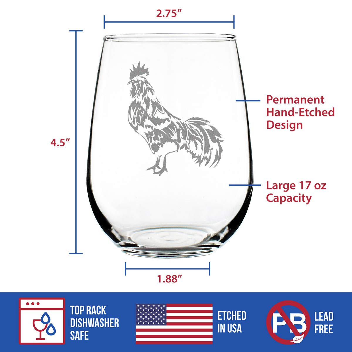 Rooster Stemless Wine Glass – Cute Funny Farm Animal Themed Decor and Chicken Gifts – Large 17 Oz