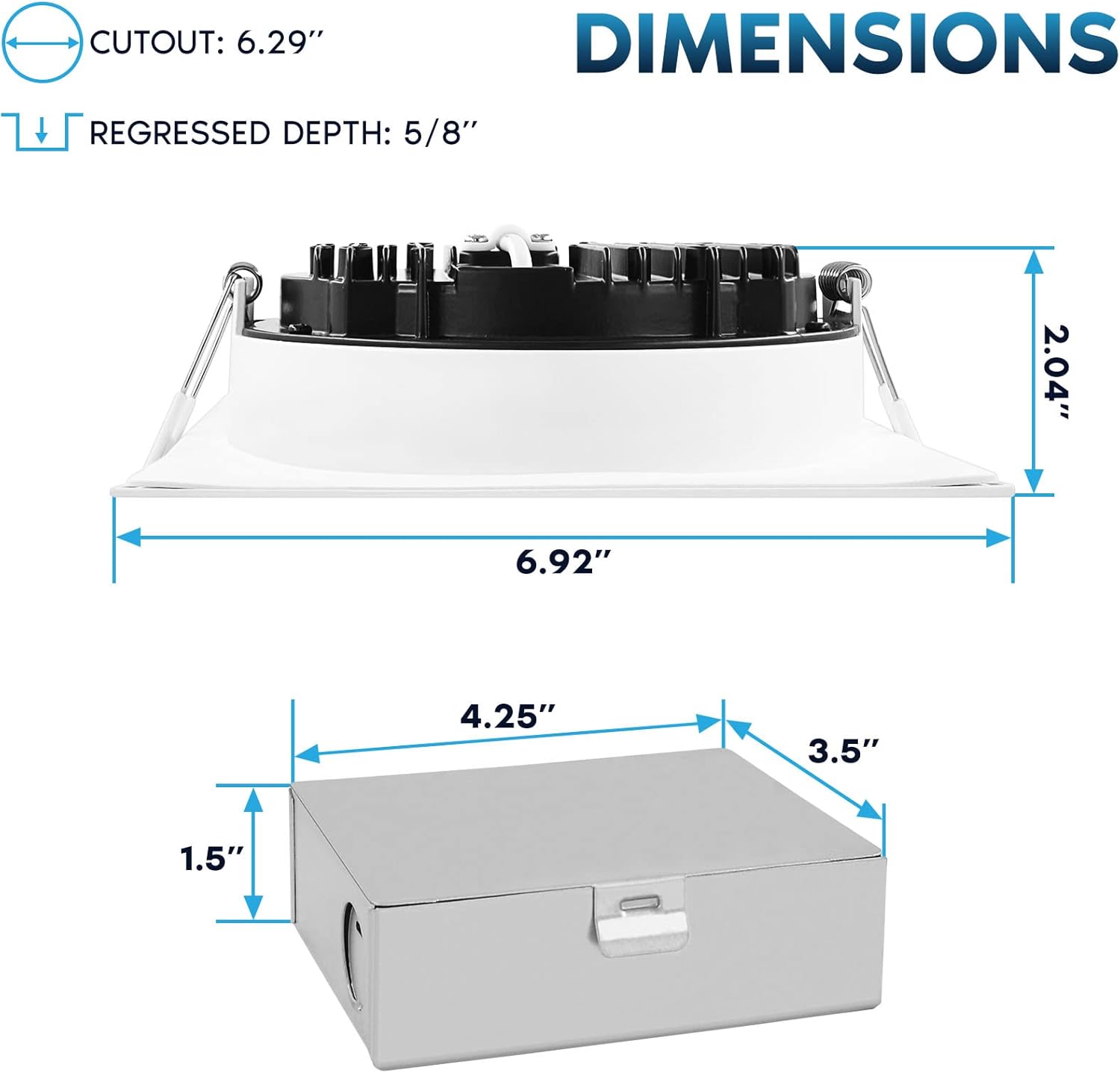 LUXRITE Lámpara de techo empotrable LED cuadrada de 6 pulgadas con caja de conexiones, 18W, 5CCT seleccionable 2700K3000K3500K4000K5000K, 1800LM de
