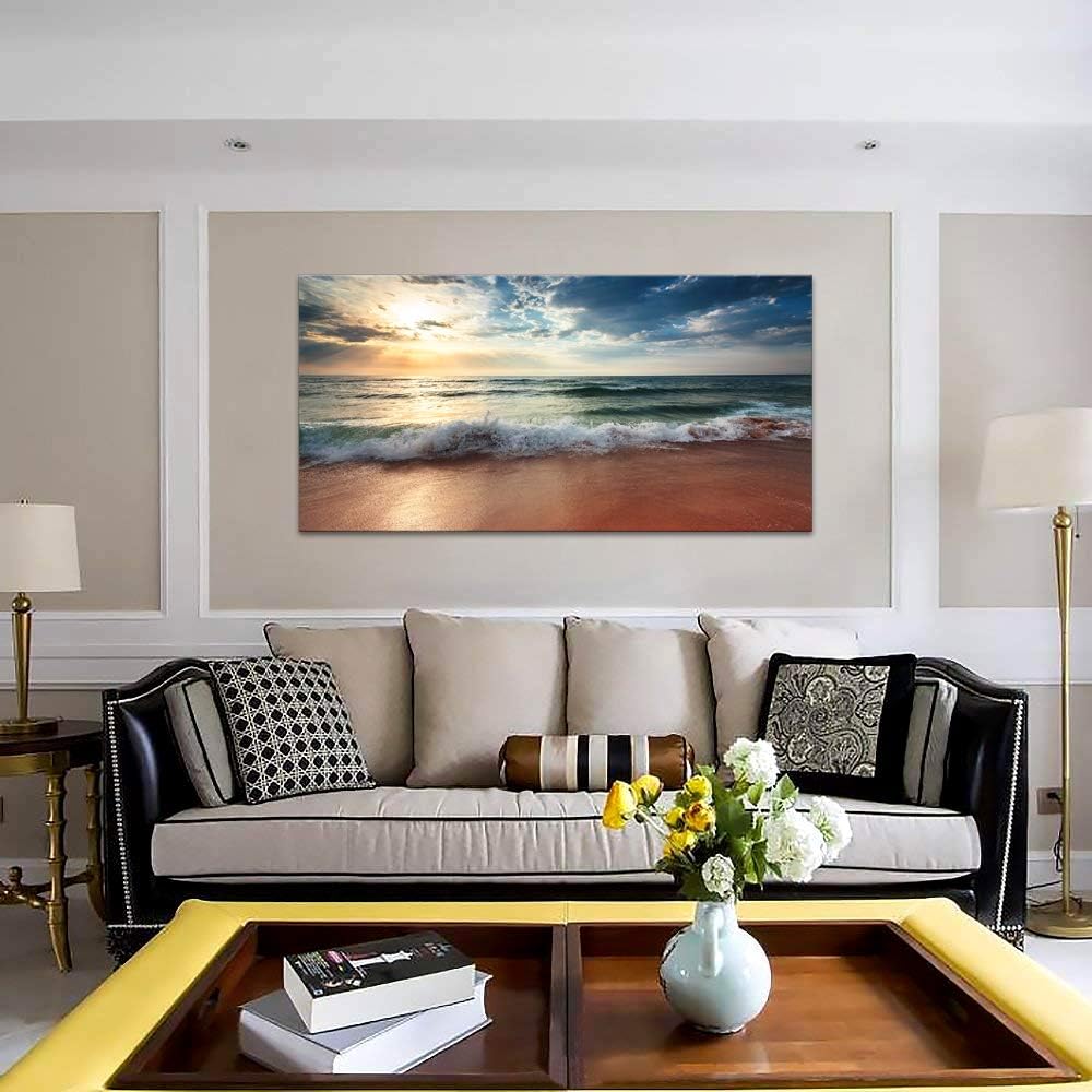 Lienzo de playa para pared de sala de estar, dormitorio, decoración del hogar, amanecer azul océano, mar, playa, cuadros artísticos, decoración
