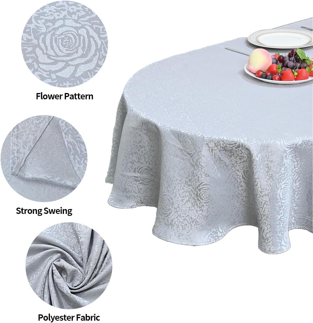 HAORUI Mantel ovalado de jacquard con patrón de damasco y peonía para cena y cocina (plateado, 60 x 120 pulgadas)