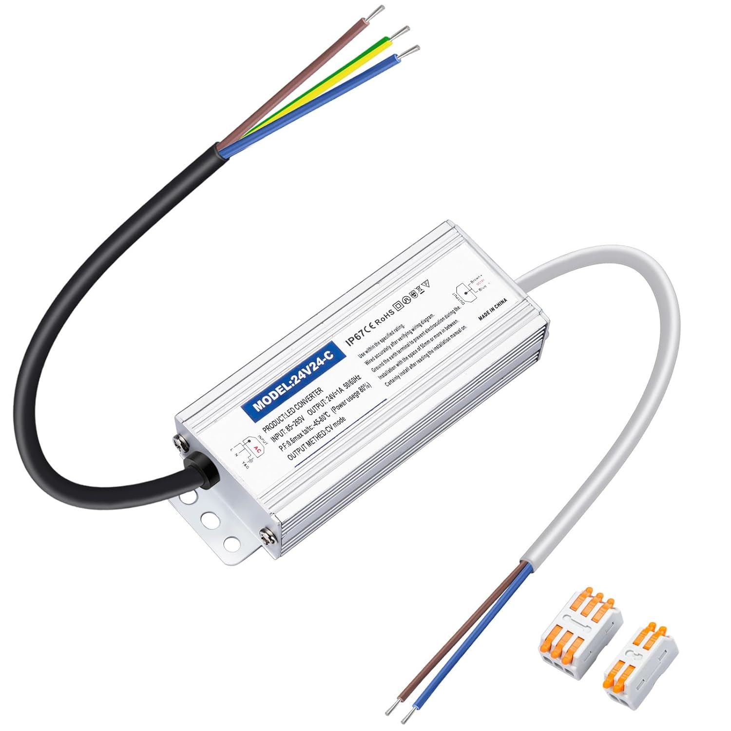 Fuente de alimentación impermeable IP67 24V 24 W 1 A, controlador LED de 24 V, convertidor de 110 V CA a 24 V CC, ideal para interiores y