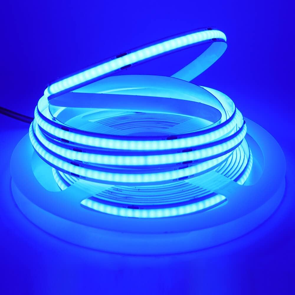 Wisada Tira de luz LED COB azul de 16.4 ft, DC 5 V 320 LEDsM de alto brillo para uso en interiores, IP21, no impermeable, flexible, para