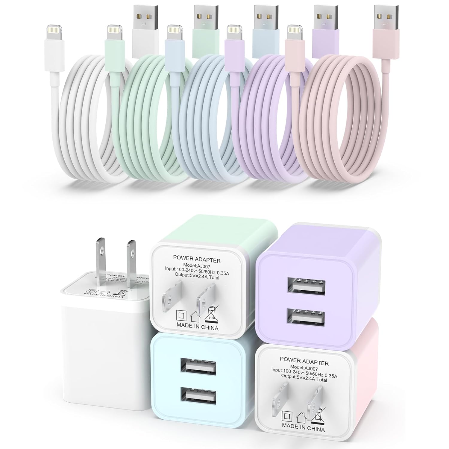 Paquete de 5 cargadores para iPhone certificado MFi, adaptador de bloque de cargador de pared USB de doble puerto con cable Lightning de 6 pies,