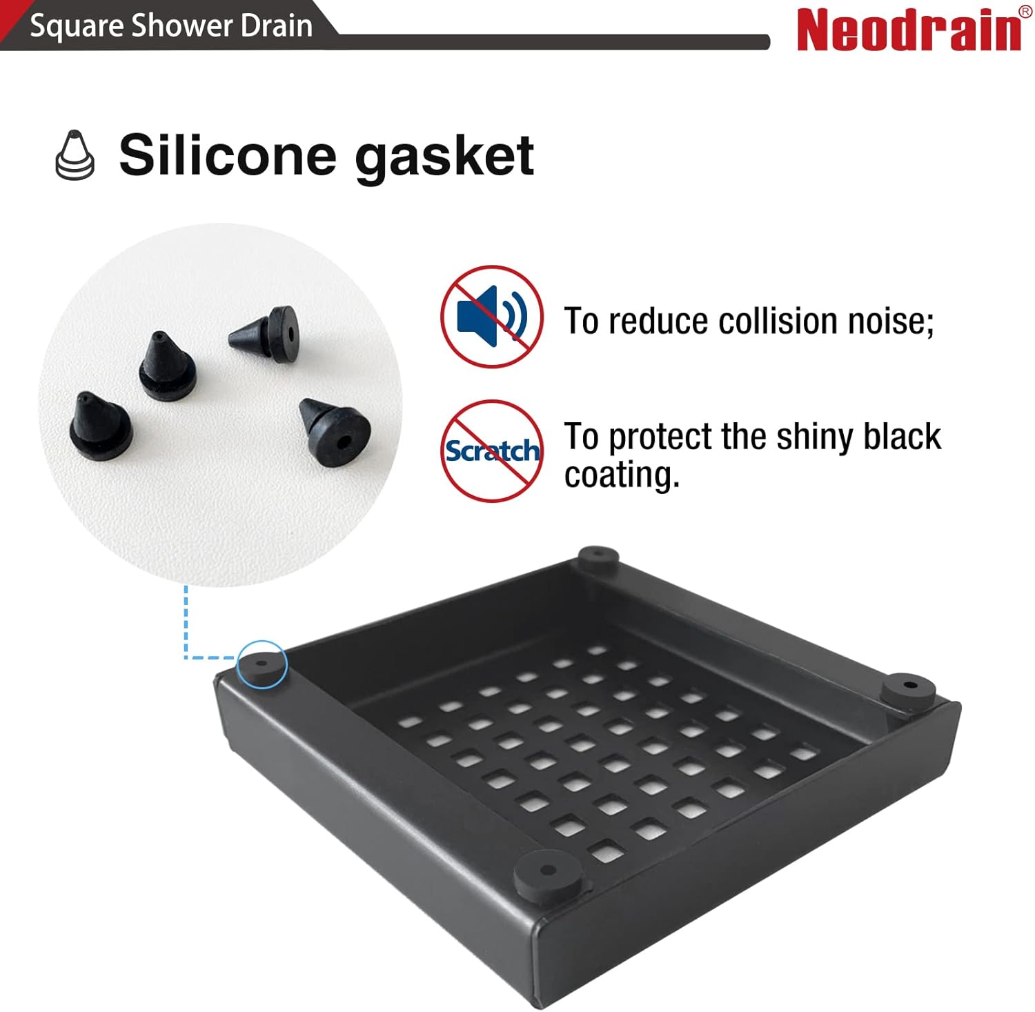 Neodrain – Drenaje cuadrado de 4 pulgadas con rejilla extraíble de patrón cuadrado, acero inoxidable 304 cepillado, incluye base de drenaje, colador