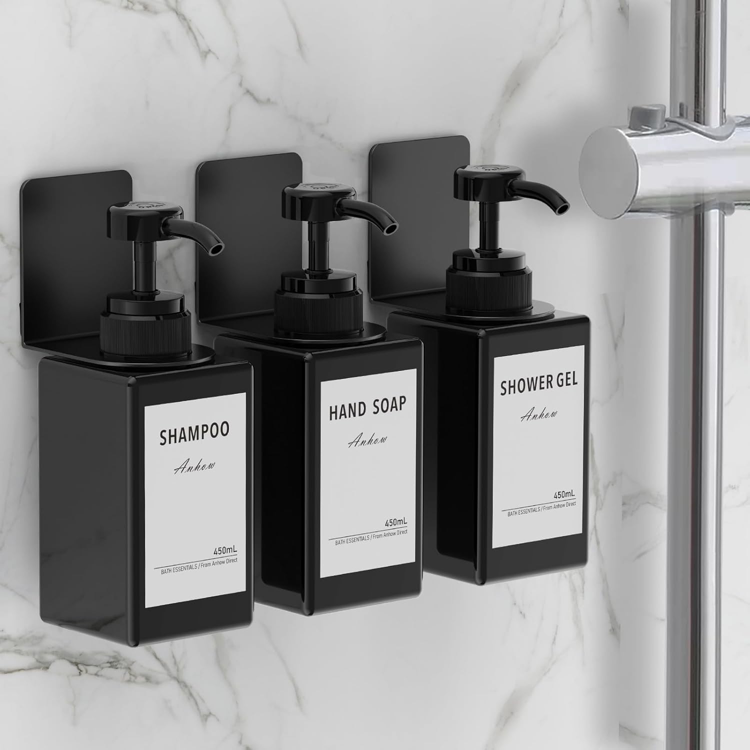 Juego de 3 dispensadores de champú y acondicionador, dispensador montado en la pared de 15.2 fl oz, dispensador de jabón de manos sin taladros con