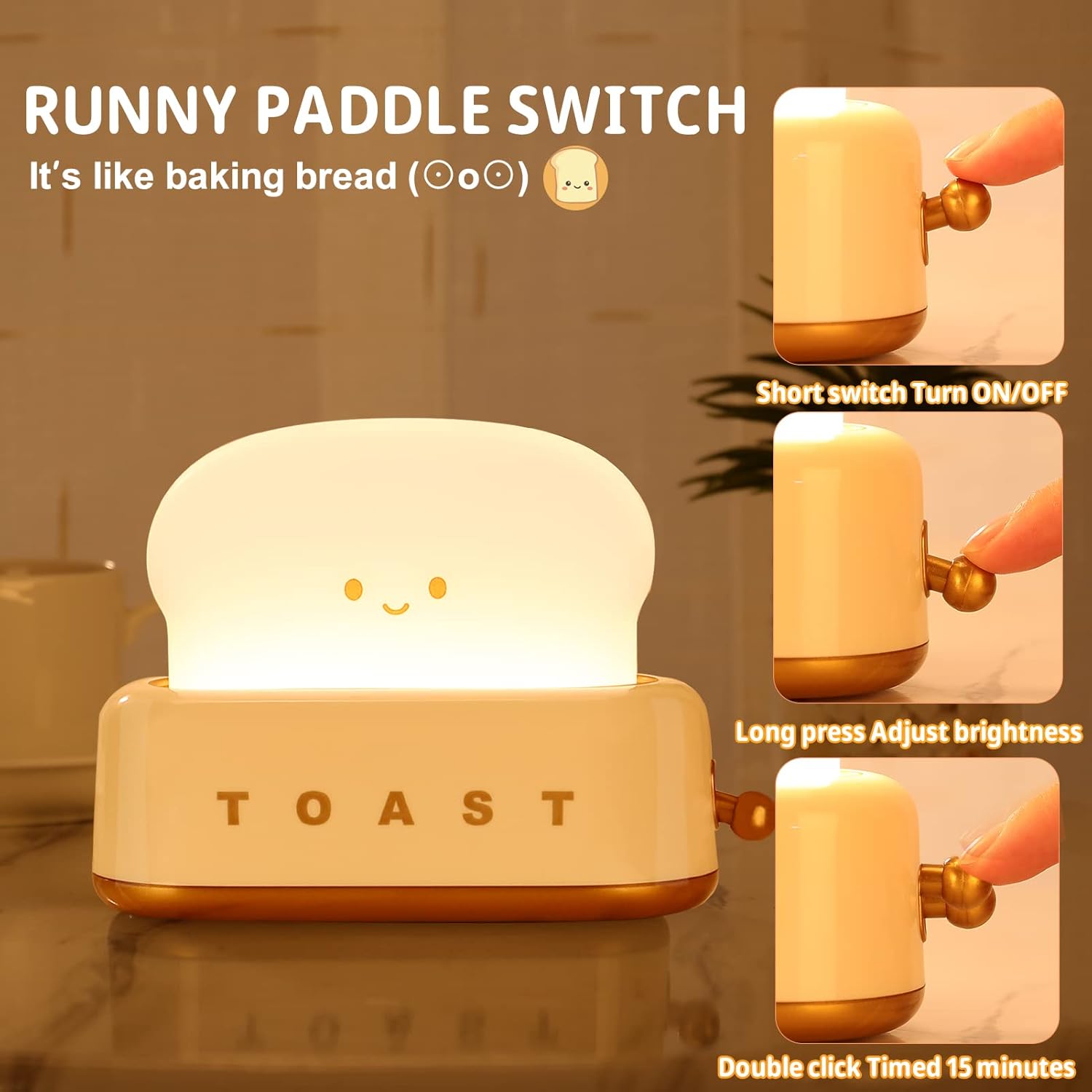 ZKLiLi Bonita lámpara de tostadora de escritorio, luz LED Kawaii para tostadas de pan, luz nocturna recargable y portátil con temporizador, ideas de