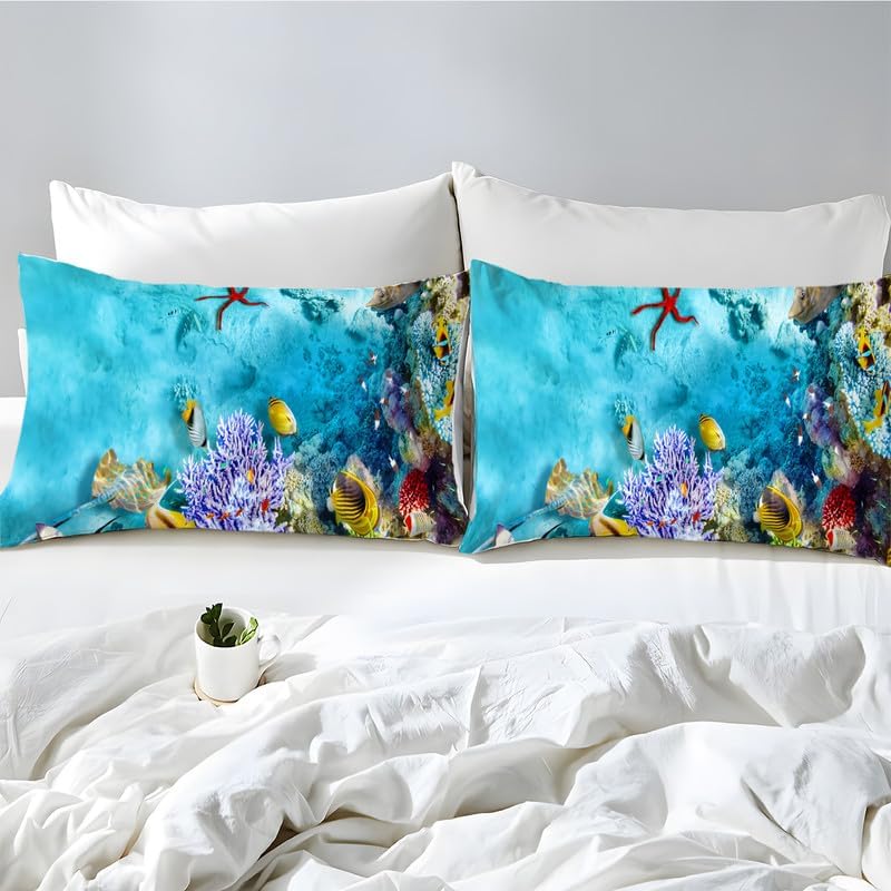 Sky Blue Fish School Duvet Cover Full Animal Print Bedding Sets Full Soft Microfiber Comforter Cover and 2 Pillow Shams 20″X26″, Bed Set Duvet