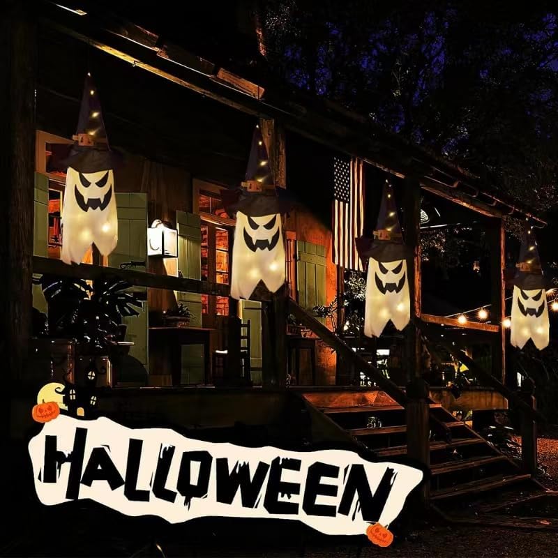 Decoraciones de Halloween para decoración al aire libre, 2 piezas de sombrero de bruja fantasma iluminado brillante de 38 pulgadas de largo,