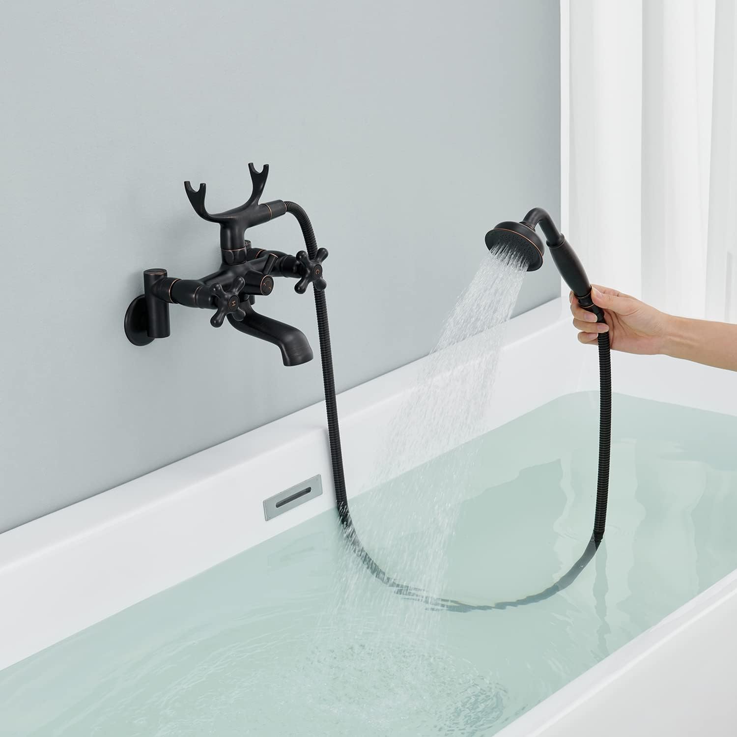 Clawfoot – Grifo de bañera de montaje en pared, bronce aceitado, grifos de bañera de latón vintage con ducha de mano en forma de teléfono