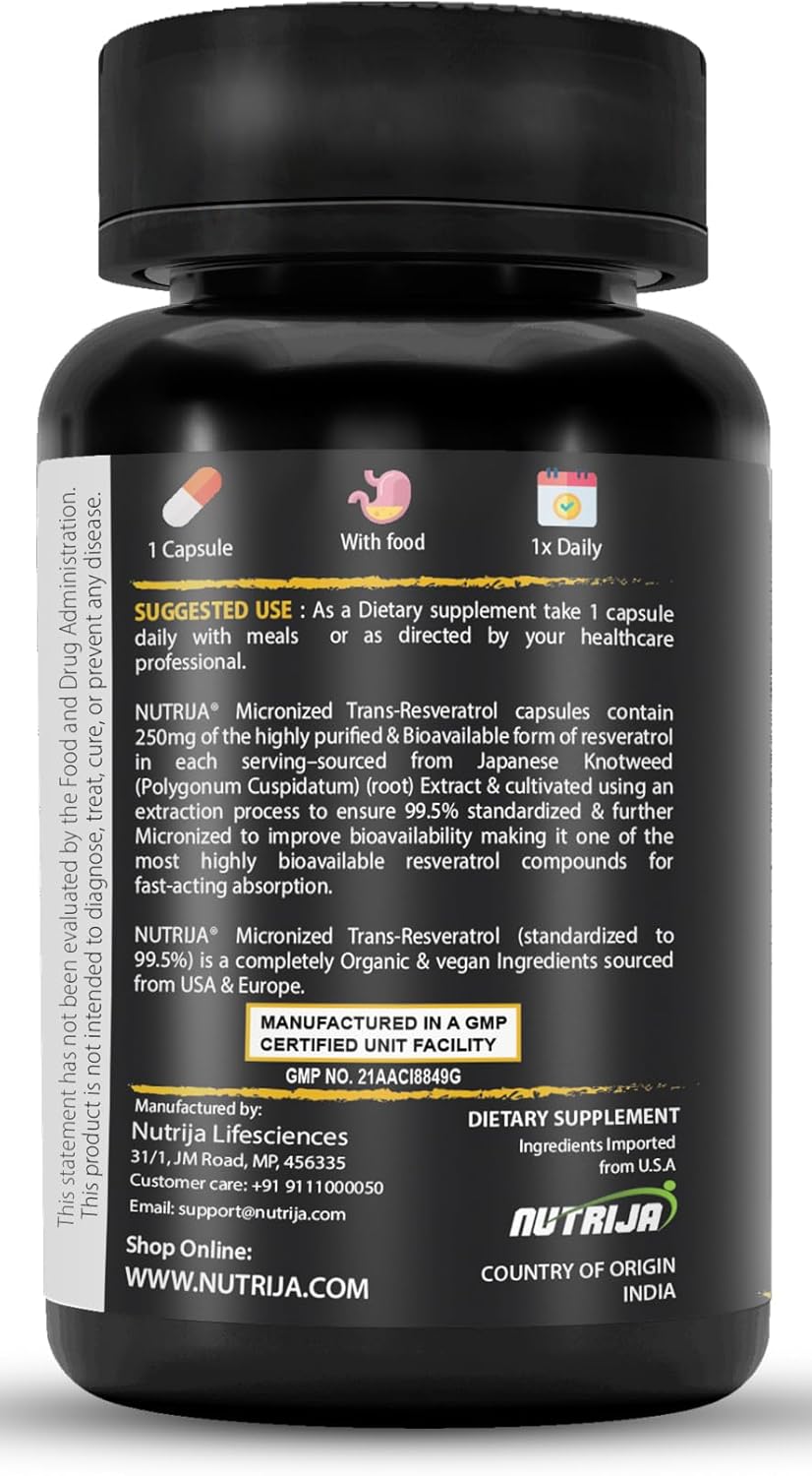 NutriJa Cápsulas de resveratrol Trans de 250 mg  99.5% puro micronizado y altamente suplemento que ayuda a ralentizar el envejecimiento, potente