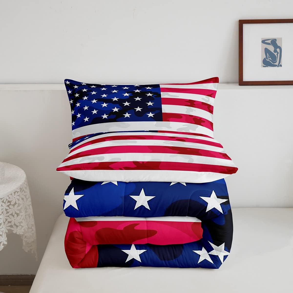 Feelyou Juego de ropa de cama con bandera estadounidense, diseño de bandera de Estados Unidos, edredón de bandera de camuflaje del ejército, edredón