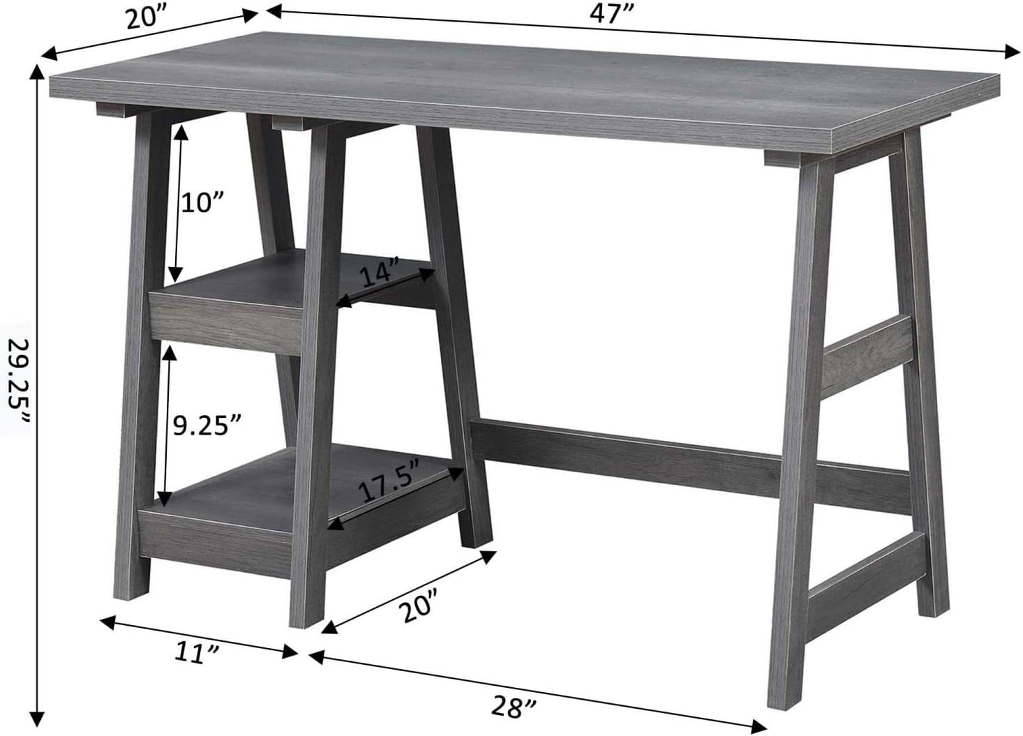 Convenience Concepts Designs2Go – Escritorio de caballete con estantes, 47 pulgadas, gris carbón