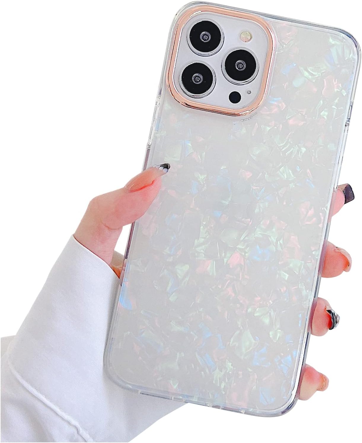 YeLoveHaw Funda diseñada para iPhone 13 Pro Max para mujeres y niñas, con patrón de concha con purpurina nacarada, bonita funda protectora de panel