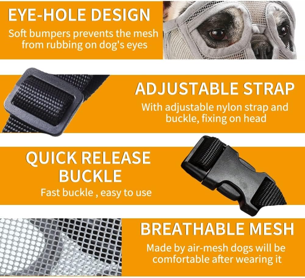 Bozal corto para perro, bozal de malla transpirable con cara plana para bulldog francés, shih tzu y pug, bozal de bulldog para morder, masticar,