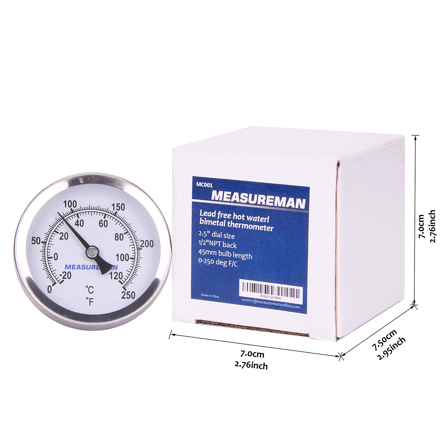 MEASUREMAN Termómetro bimetálico de agua caliente, 2-12″ dial, 1-34″ vástago de latón sin plomo, rango 0-250 grados F-20-120 grados C, 2% de