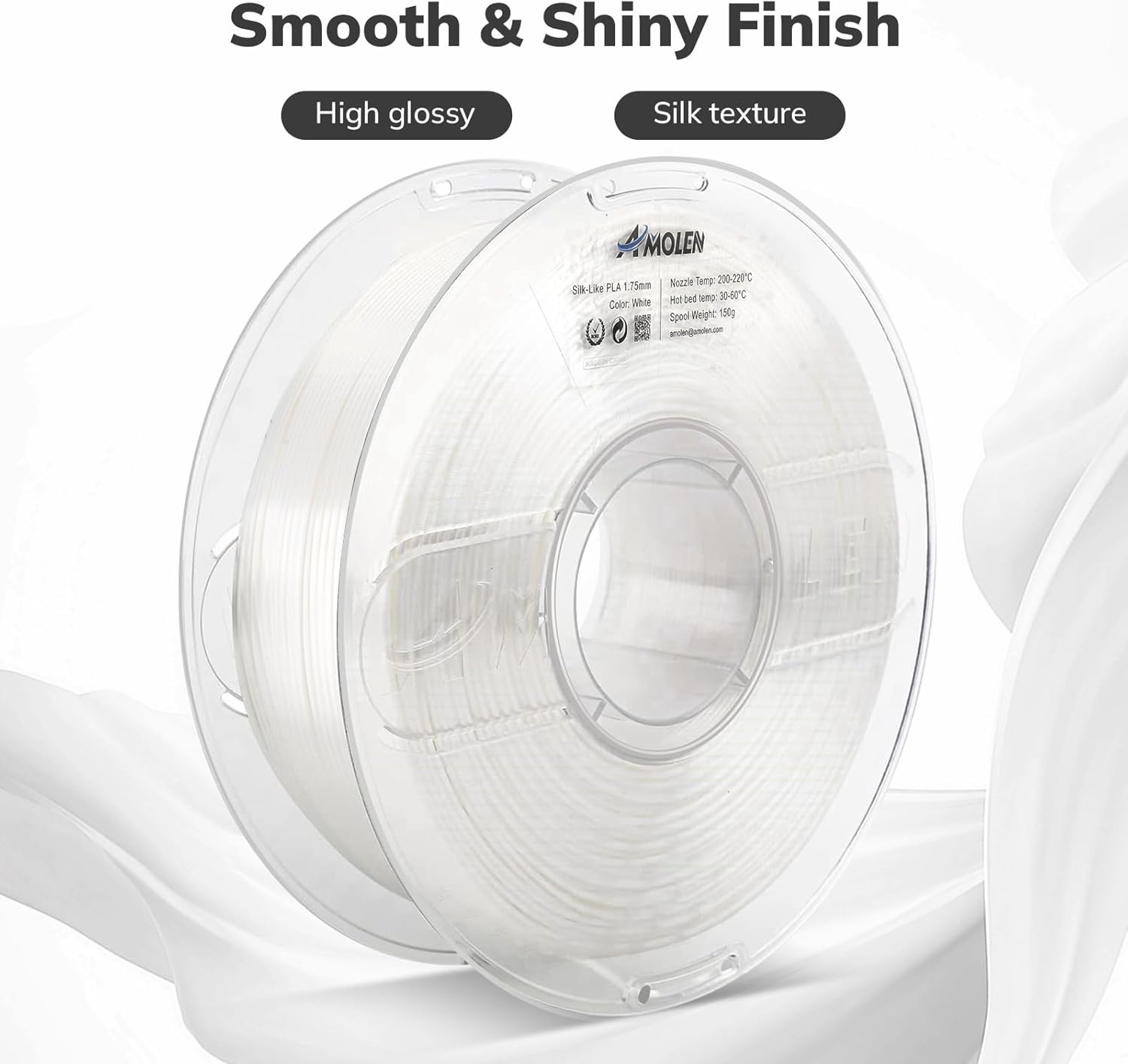 AMOLEN Filamento PLA de seda para impresora 3D de 0.069 pulgadas, filamento blanco brillante para impresión 3D, carrete de 2.2 libras, compatible