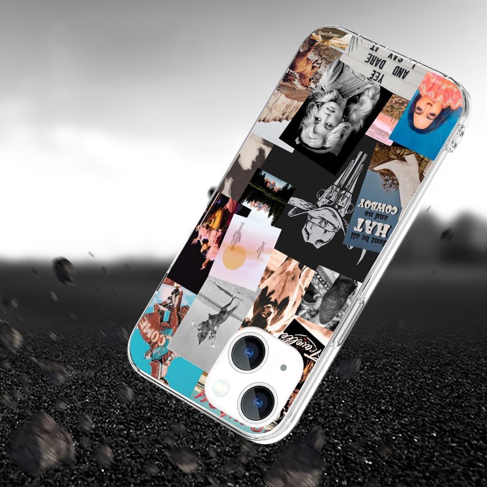 OUYAGAOYUAN Funda compatible con iPhone 15 Plus, diseño retro occidental, vaquera, vaquera, country chic, collage estético, a prueba de golpes, con