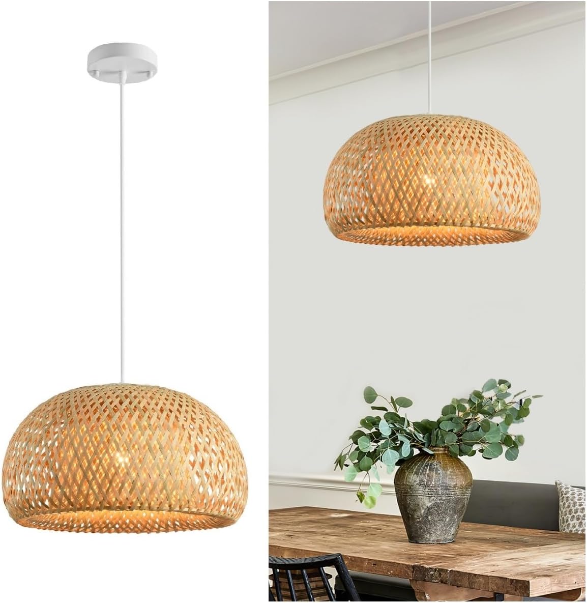 hualuosi Lámpara colgante tejida de bambú, 14.82 pulgadas, estilo costero de ratán tejido a mano, lámparas colgantes de mimbre bohemio para granja,