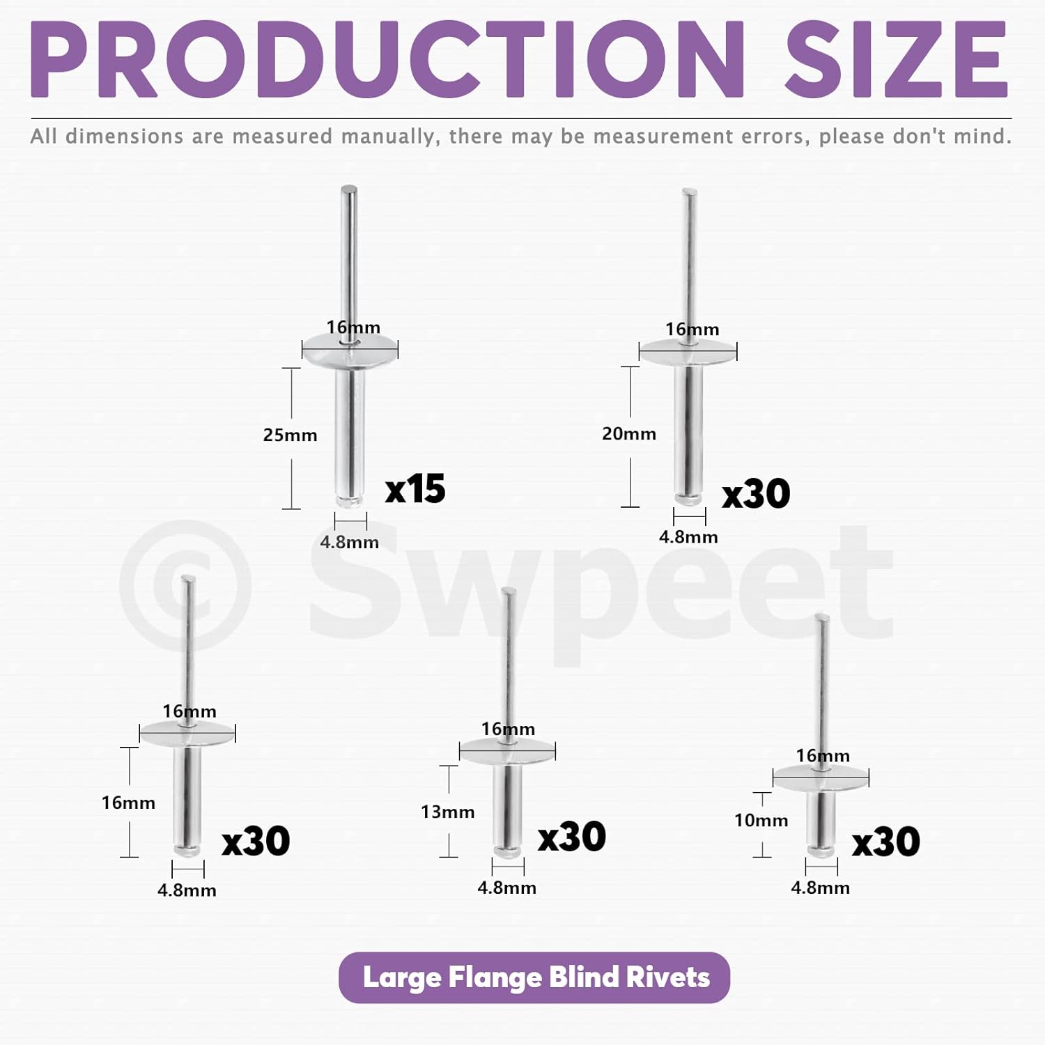Swpeet Kit de remaches ciegos de aluminio de brida grande de 316 x 38 pulgadas  12 pulgadas  58 pulgadas  34 pulgadas  1 pulgada, remaches pop