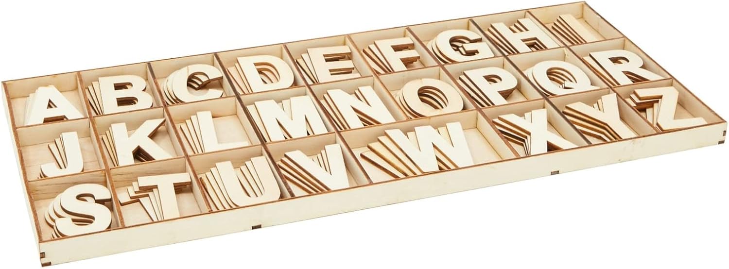 Letras del alfabeto de madera de 2 pulgadas para artes y manualidades, 4 juegos de ABC mayúsculas con bandeja de clasificación, letras de letrero